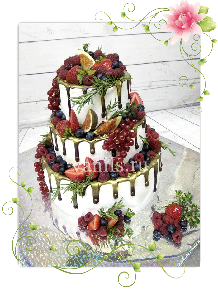 Свадебный торт с подтеками шоколада и ягодами
